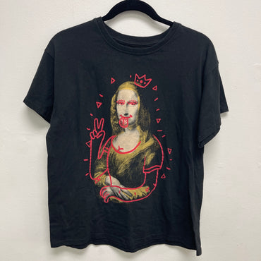BRISCO Brands Men's T-Shirt Large Black Mona Lisa Graphic w/ Red Graffiti Tag